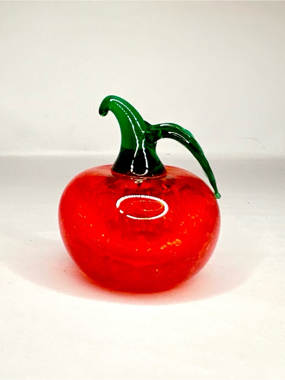 Vtg Murano Style Art Glass Red Apple Paperweight Gold Aventurine Green Stem Leaf